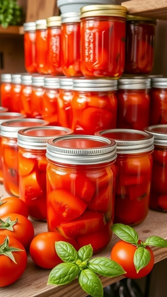 Homemade Tomato Canning Recipe Canned tomatoes in jars on a wooden shelf with fresh tomatoes and basil.
